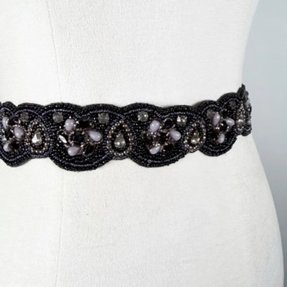 Stunning Special Occasion Statement Waist Belt Black Blue Beaded Stretch Size S